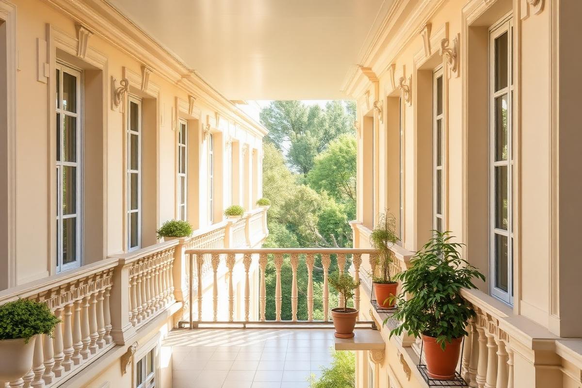 Elevation — Wide Balconies Wide balcony with ornate heritage railings and potted plants