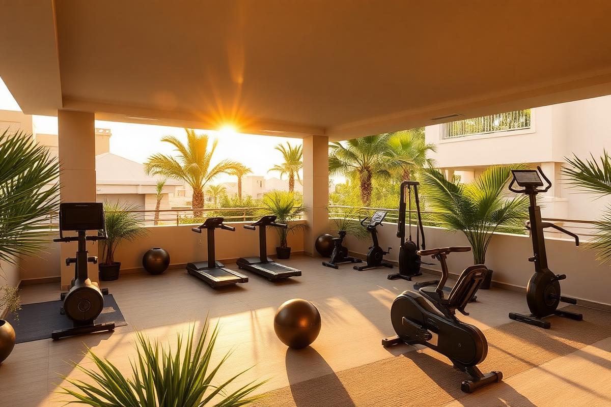 Outdoor Gym Outdoor gym with cardio and strength equipment in a landscaped terrace garden