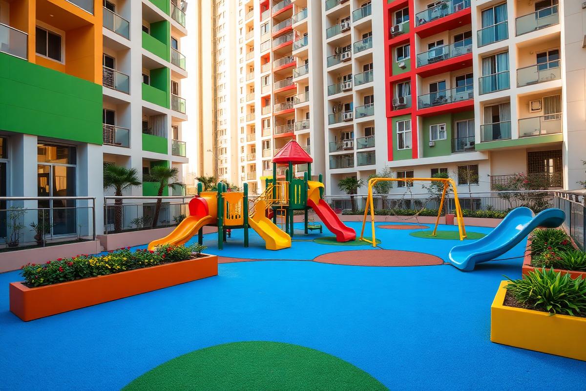 Kids' Play Area Colourful children's play area with slides and swings inside the residential complex