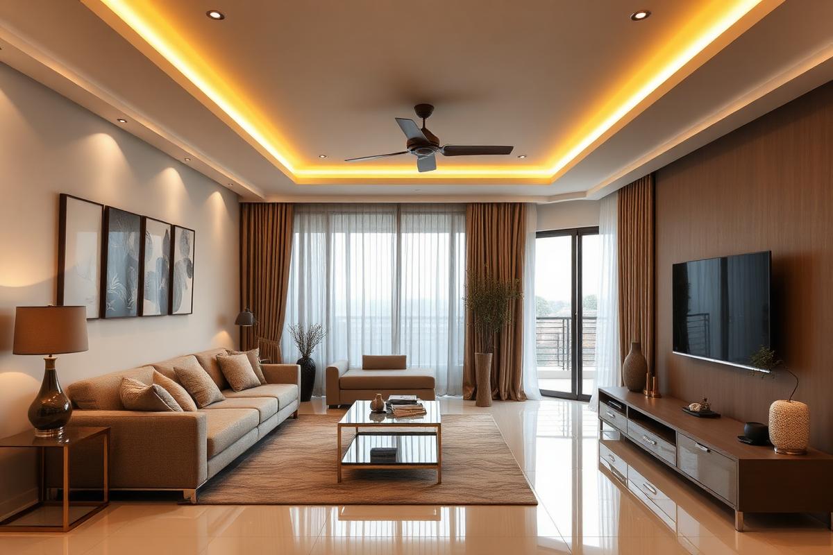 Living Room Interior Elegant living room interior with POP false ceiling and vitrified floor tiles