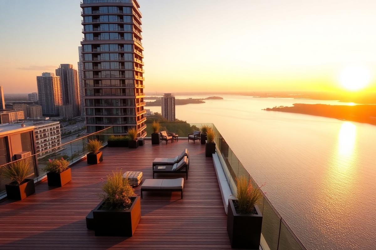Rooftop — Scenic Lake View Rooftop deck with lounge seating overlooking a lake at sunset