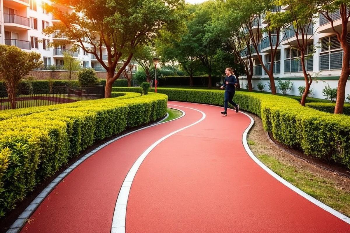 Walking Track Landscaped walking and jogging track lined with hedges and trees